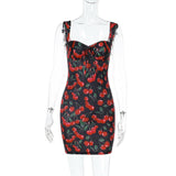 Minivestido sin espalda con estampado de cerezas y cuello en V 
