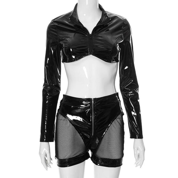 Long sleeve PU leather zip-up turnover collar pant set