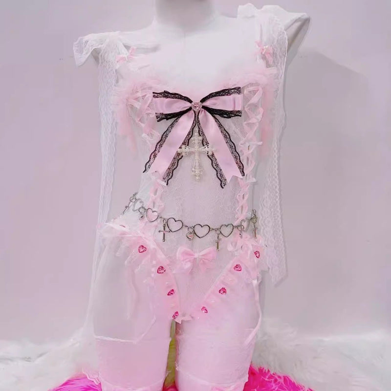 Ensemble mini-jupe rembourrée à col en V et ourlet en dentelle avec nœud papillon 