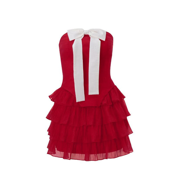 Conjunto de minifalda de tubo con cordones, volantes fruncidos y apliques de lazo 