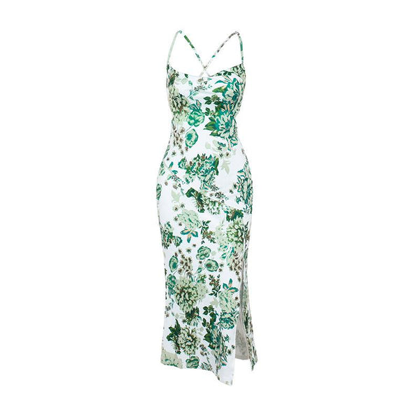 Robe midi à imprimé fleuri, dos croisé, col en U et fente 