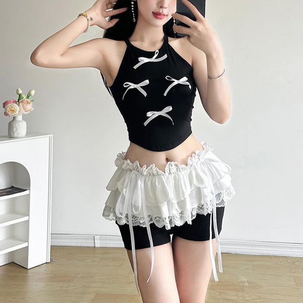 Pantalon court à ourlet en dentelle et ruban à nœud papillon froncé 