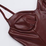 V neck slit zip-up PU leather backless cami midi dress