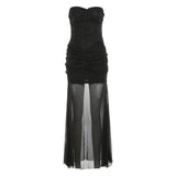 Vestido largo liso de malla fruncida con cuello de corazón 