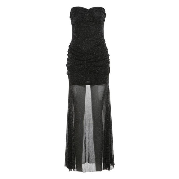 Sweetheart neck ruched mesh solid maxi dress