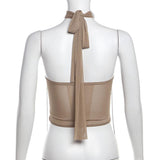 Top de tubo de malla con apliques de flores y cadena de metal con cuentas 