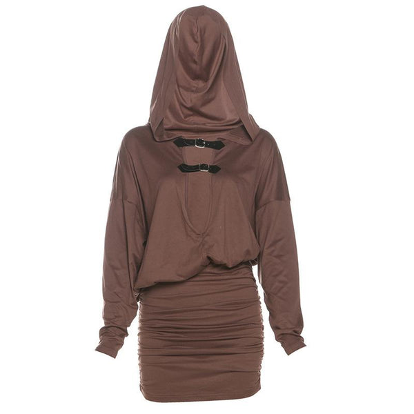 Long sleeve hoodie buckle ruched solid mini dress