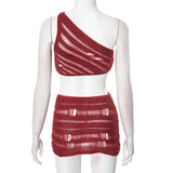 One shoulder irregular hollow out solid mini skirt set