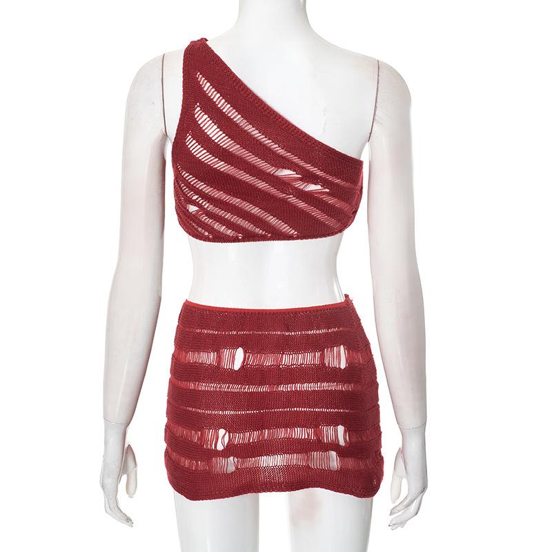 One shoulder irregular hollow out solid mini skirt set