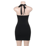 Halter self tie beaded ruched v neck mini dress
