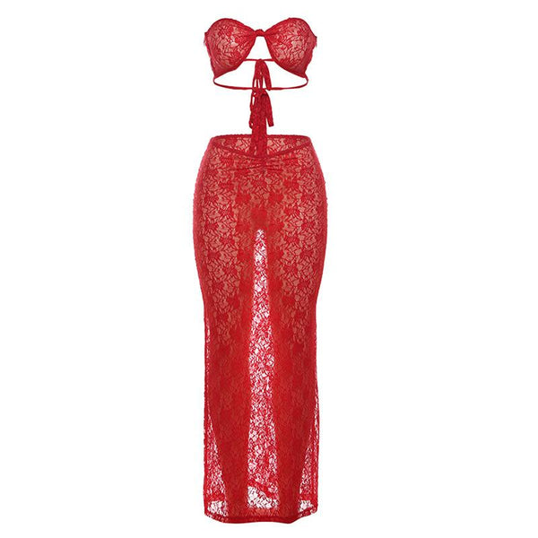 Ensemble jupe longue transparente froncée en dentelle à nouer soi-même 