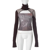 Long sleeve hollow out high neck button print top