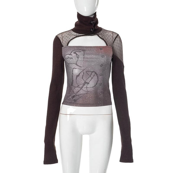 Long sleeve hollow out high neck button print top