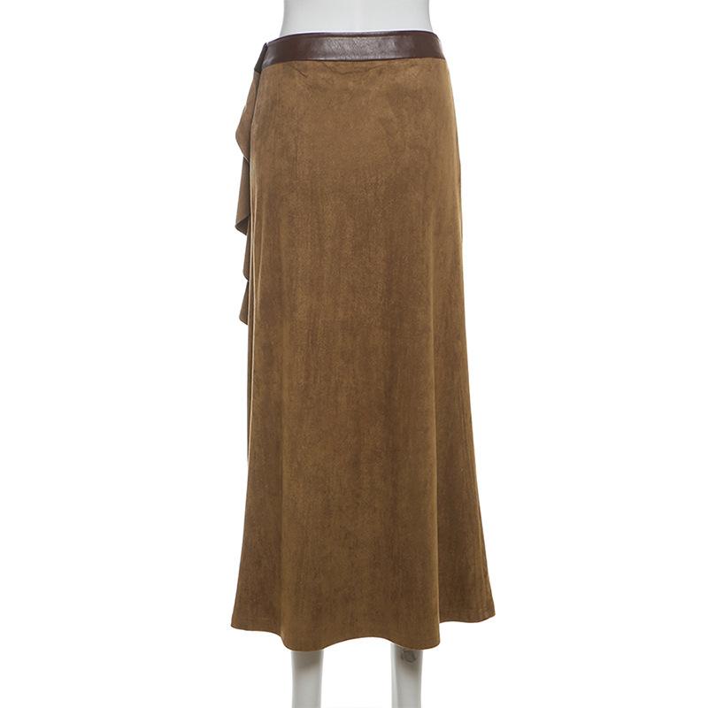 Falda midi de piel sintética irregular con volantes y cremallera 