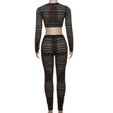 Long sleeve hollow out crewneck medium rise pant set