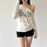 Irregular long sleeve lace see through solid top