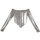 Long sleeve off shoulder ruffle button ruched top