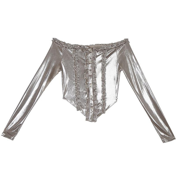 Long sleeve off shoulder ruffle button ruched top