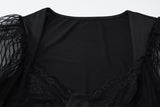 Long sleeve lace hem u neck solid mini dress