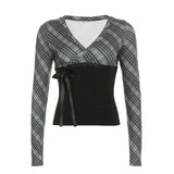 Top de manga larga con estampado de rayas, cuello en V y lazo 