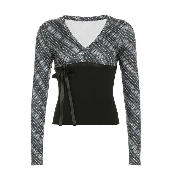 Top de manga larga con estampado de rayas, cuello en V y lazo 