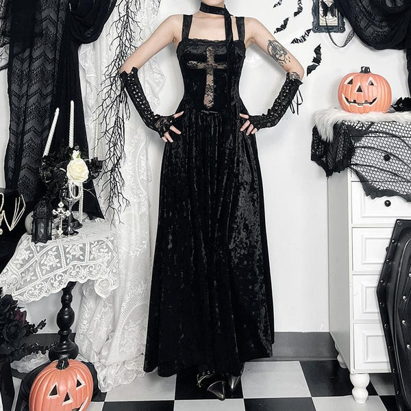 Robe longue en velours à ourlet en dentelle et col carré croisé 