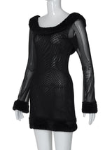 Minivestido de manga larga con cuello en U y malla esponjosa transparente 