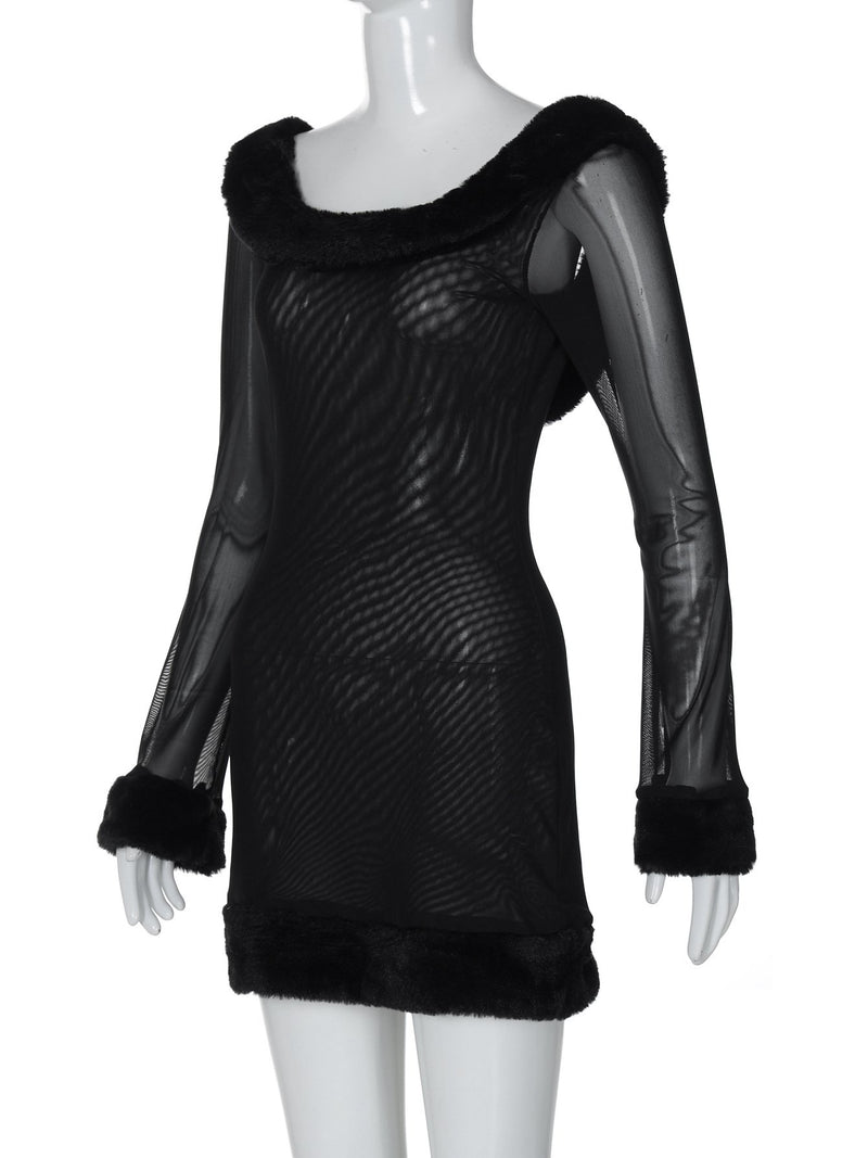 Minivestido de manga larga con cuello en U y malla esponjosa transparente 