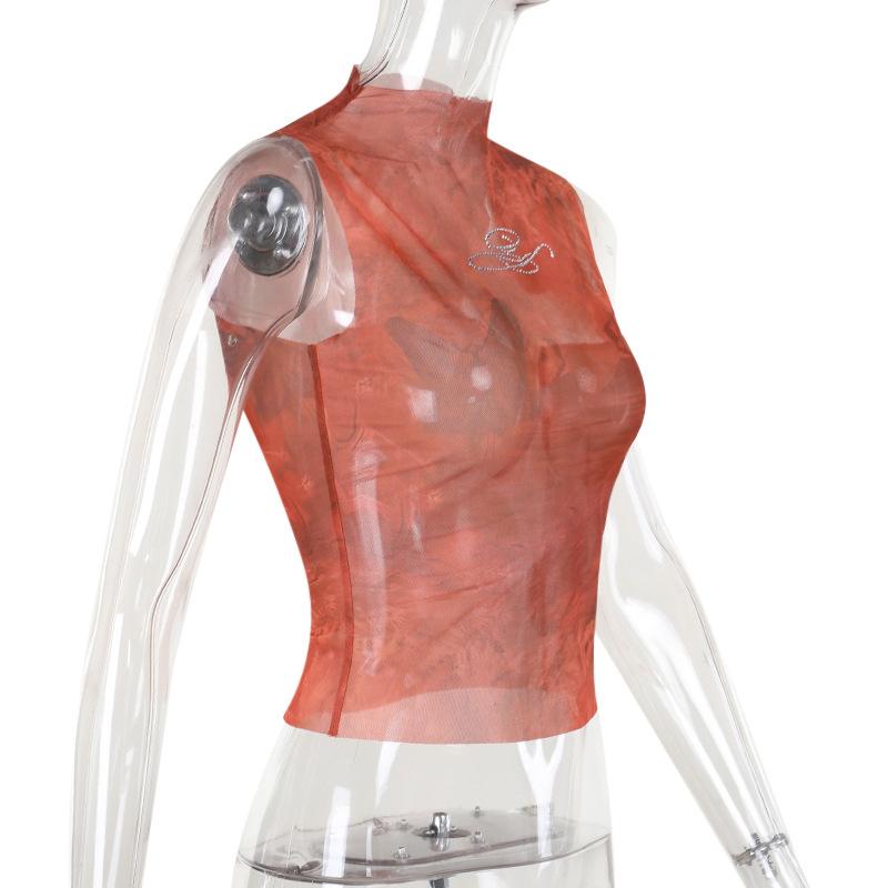Haut sans manches à col ras du cou en maille transparente et imprimé perles 