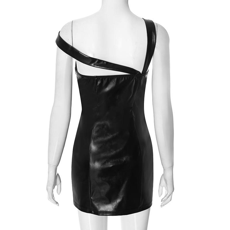 Irregular PU leather mesh zip-up mini dress