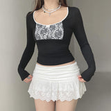 Long sleeve lace hem bowknot round neck top