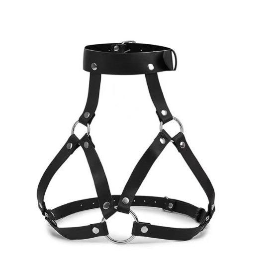 Arnés de cadena de metal de cuero PU con anillo en O