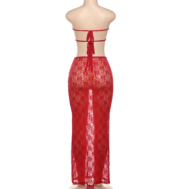 Ensemble jupe longue transparente froncée en dentelle à nouer soi-même 