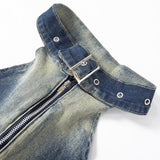 Top vaquero con cuello halter, cremallera, abertura, hebilla y dobladillo sin rematar 
