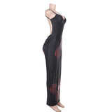 Robe longue fendue à imprimé fleuri et col en V avec perles 