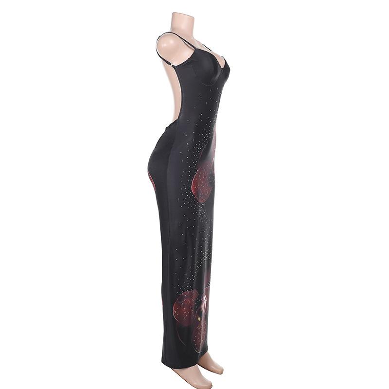 Robe longue fendue à imprimé fleuri et col en V avec perles 
