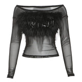 Long sleeve off shoulder feather letter embroidery top