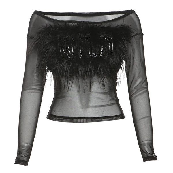 Long sleeve off shoulder feather letter embroidery top