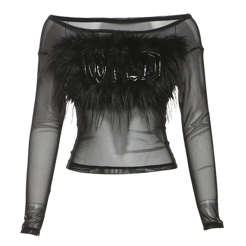 Long sleeve off shoulder feather letter embroidery top