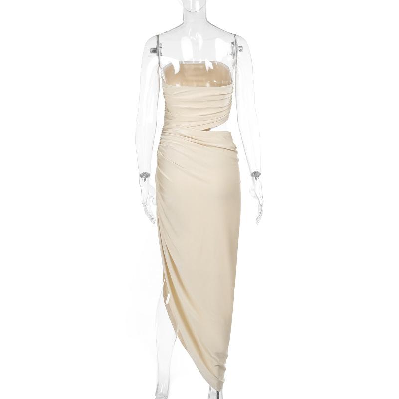 Ruched irregular hollow out solid tube maxi dress