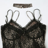 Top camisola sin espalda con estampado de leopardo, cuello en V y dobladillo de encaje 