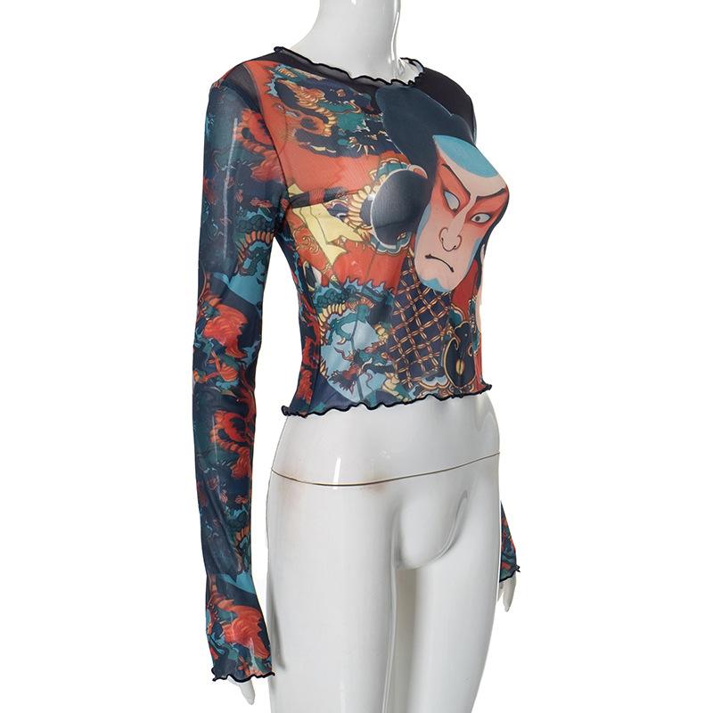 Long sleeve print ruffle sheer mesh crewneck top
