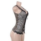 Leopard print lace hem hollow out v neck top