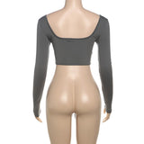 Long sleeve lace up square neck solid crop top