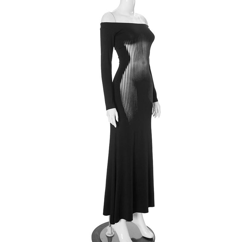 Long sleeve off shoulder print contrast maxi dress