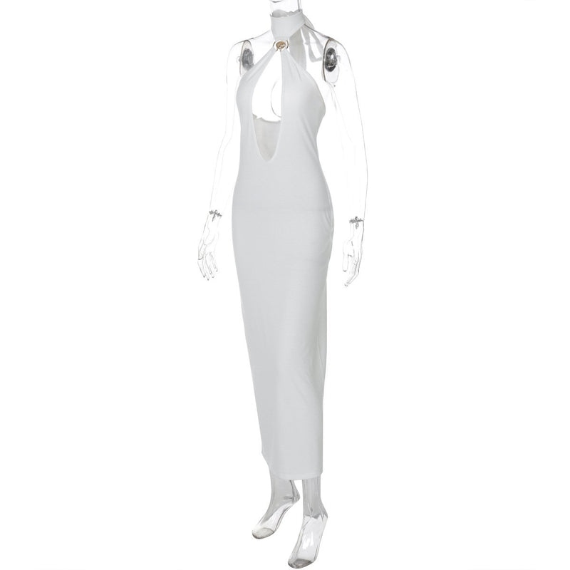 Vestido midi con cuello halter, espalda descubierta y aberturas con lazo 