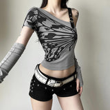 Irregular short sleeve gloves butterfly print top