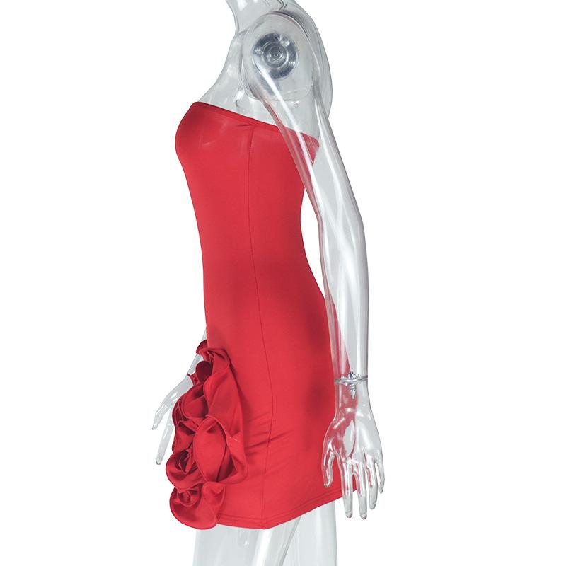 Flower applique solid backless tube mini dress