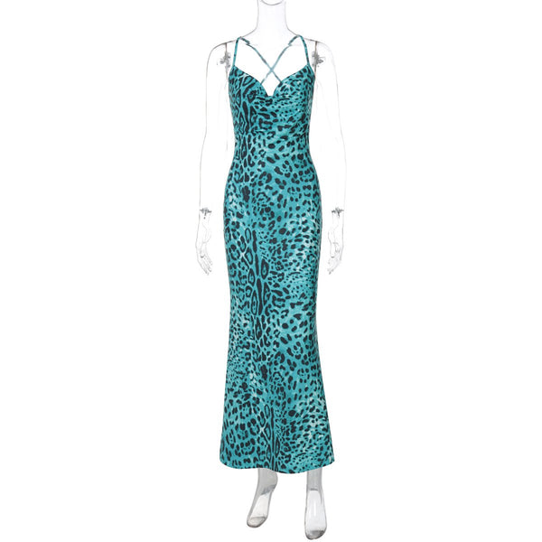 Leopard print cowl neck cross back cami maxi dress