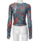 Long sleeve print ruffle sheer mesh crewneck top